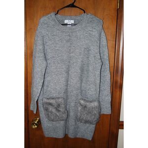 Magaschoni Womens Gray Tunic Sweater w/ Faux Fur Pockets Size Small